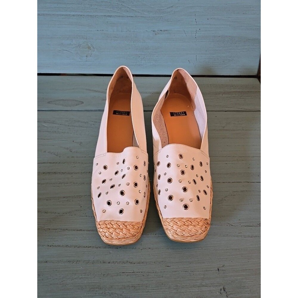 Stuart Weitzman Ivory Leather Espadrille Wedges with Braided Toe - Picture 2 of 8
